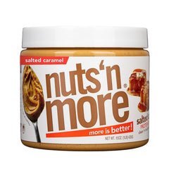 Nuts N More salted caramel peanut butter jar showing rich flavor and protein boost.