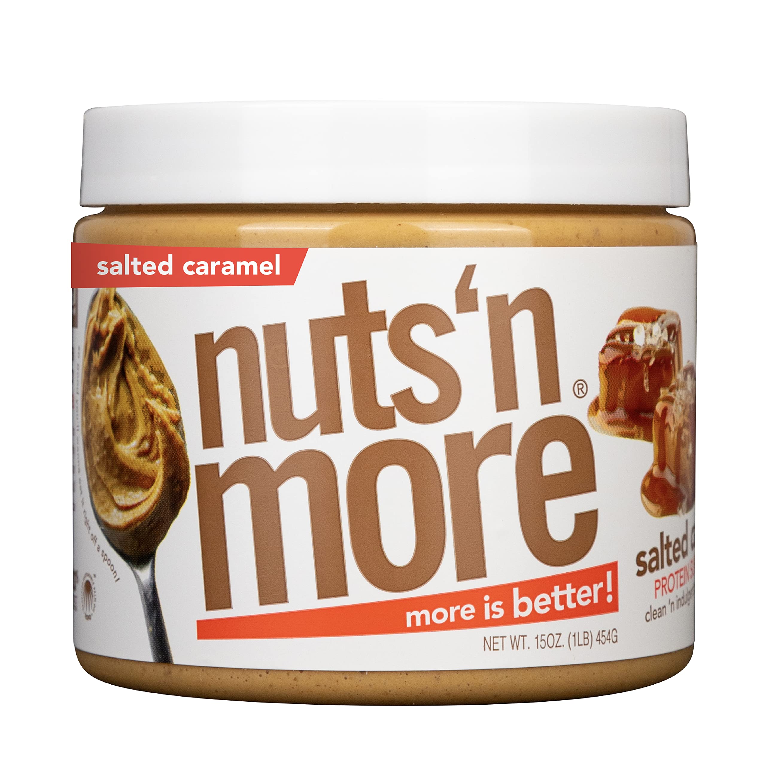 Nuts 'N More salted caramel peanut butter spread jar, high protein per serving.
