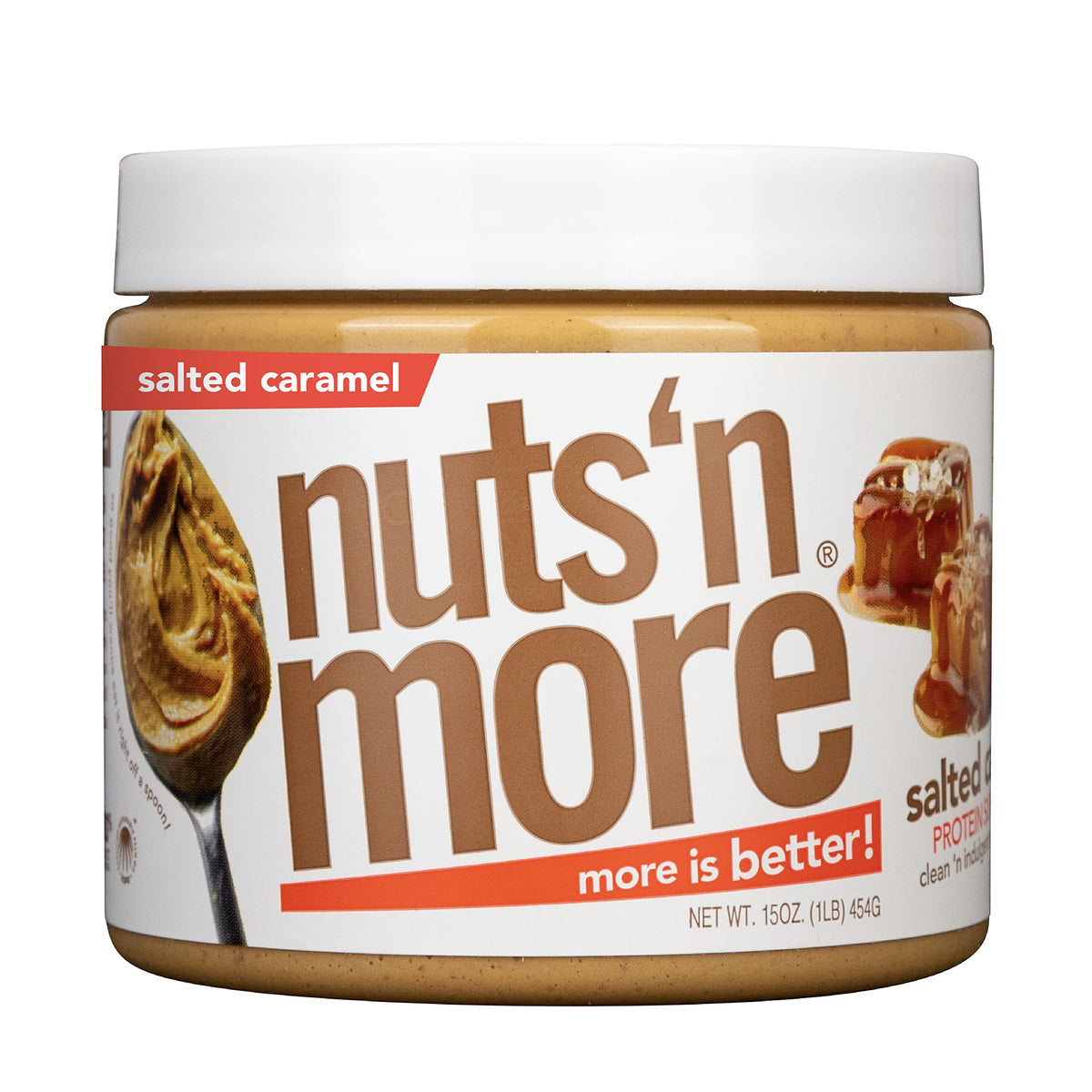 Nuts 'N More salted caramel peanut butter spread jar, high protein per serving.