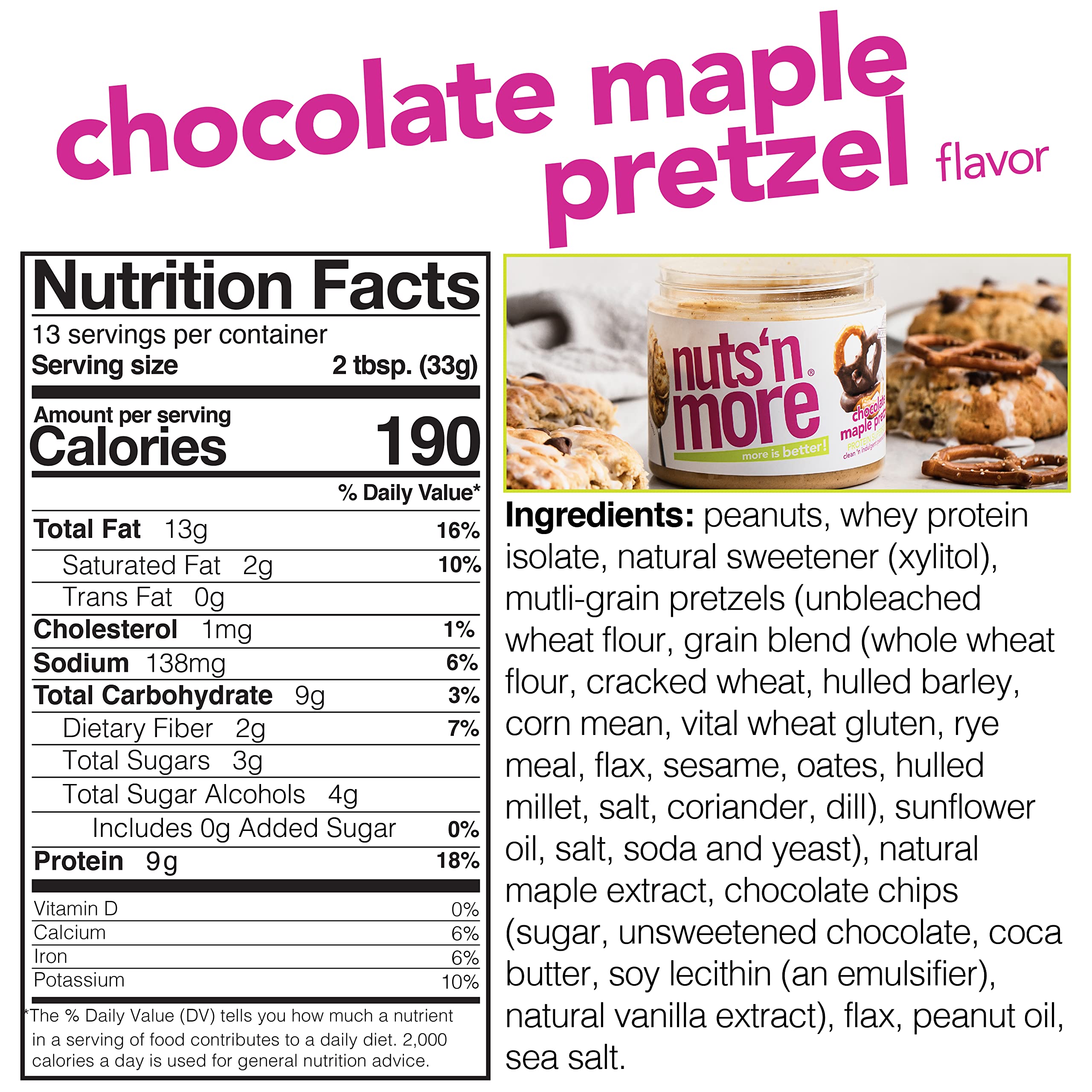 Nuts N More spoon dipping chocolate maple pretzel spread for quick protein boost.