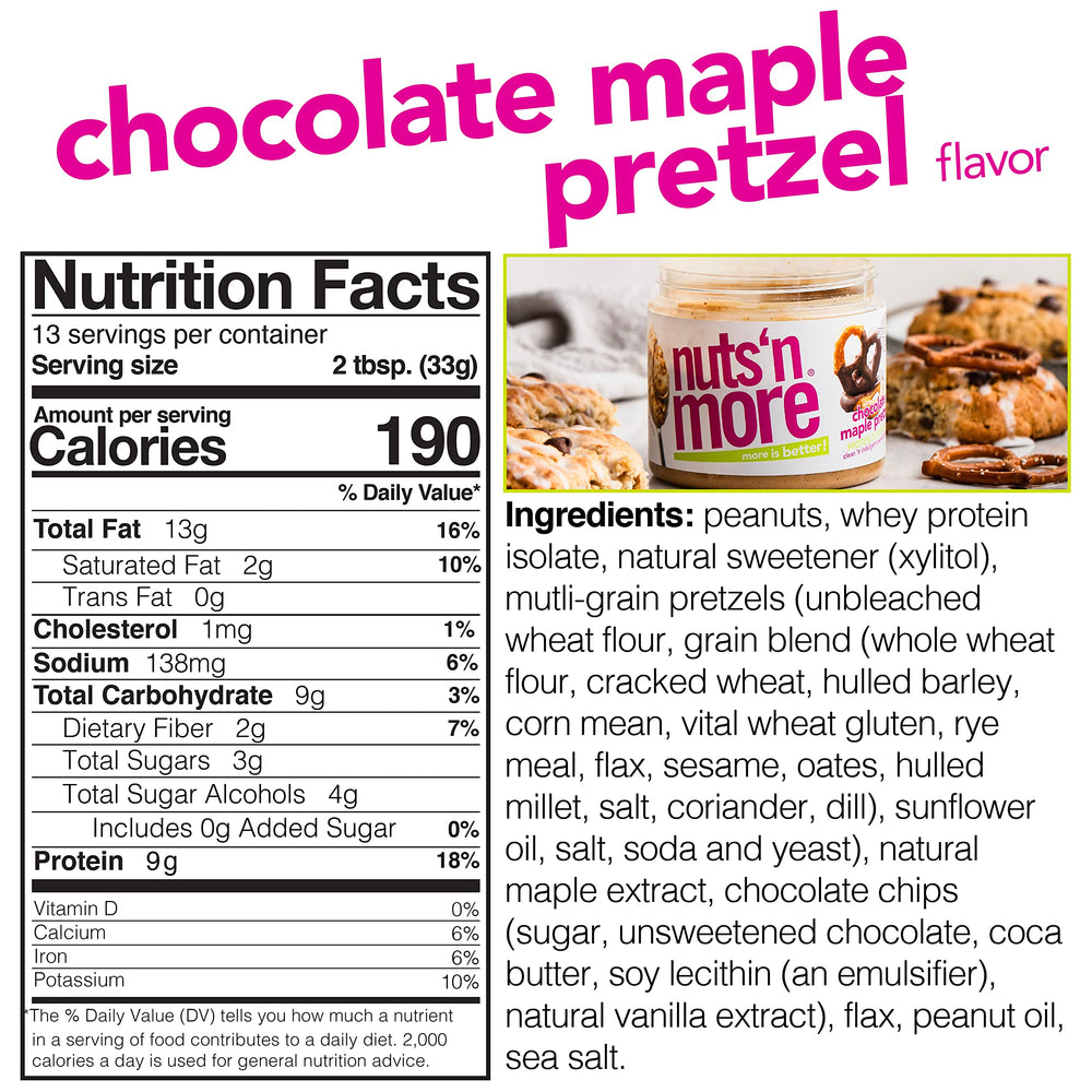 Nuts N More spoon dipping chocolate maple pretzel spread for quick protein boost.