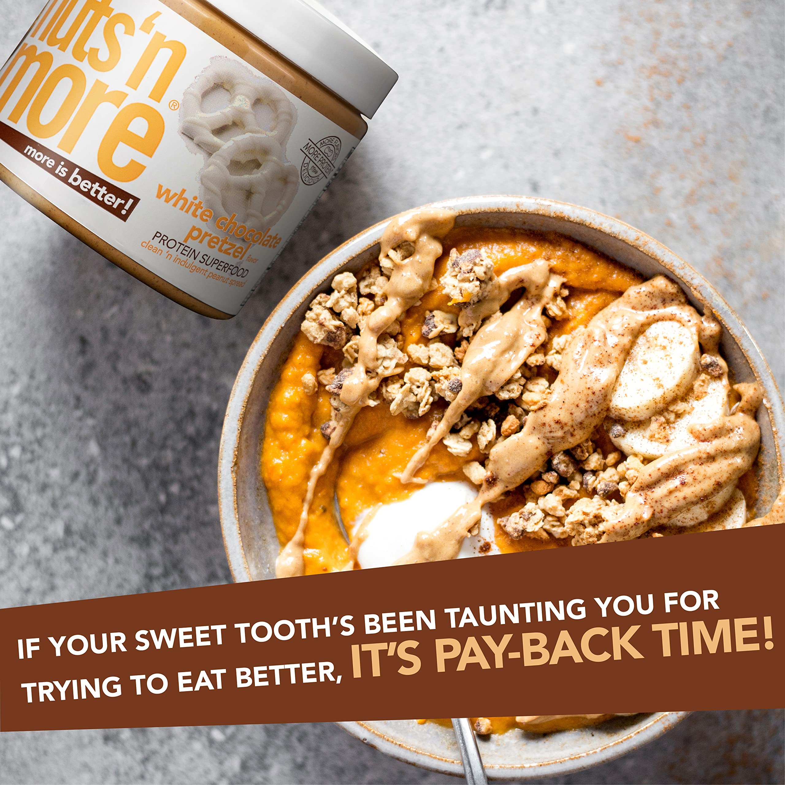 Nuts 'N More 15oz jar with serving suggestions highlights convenient protein boost.