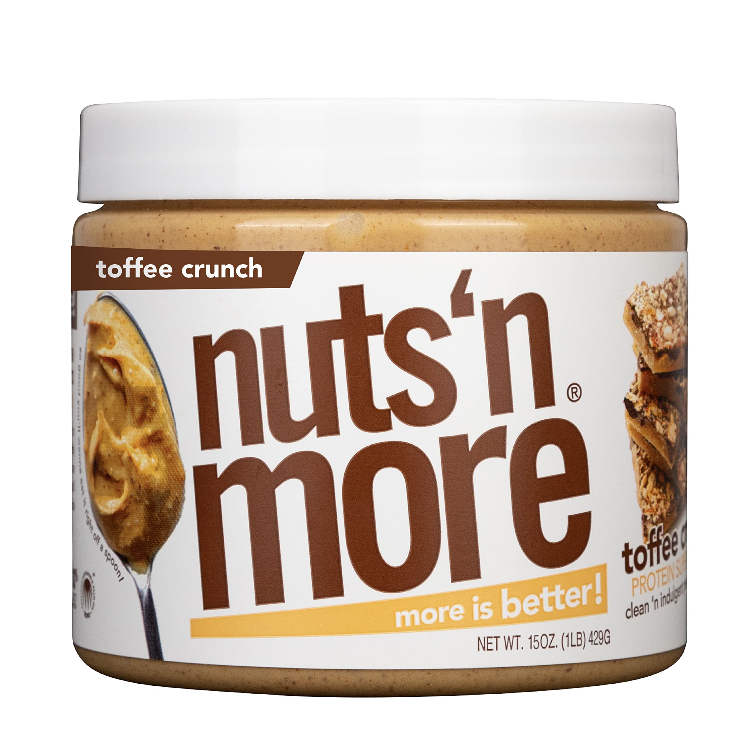 Nuts N More Toffee Crunch Peanut Butter Spread jar with toffee bits, high-protein snack