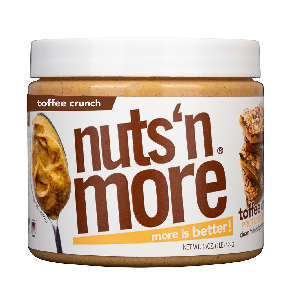 Nuts N More Toffee Crunch Peanut Butter Spread jar with toffee bits, high-protein snack