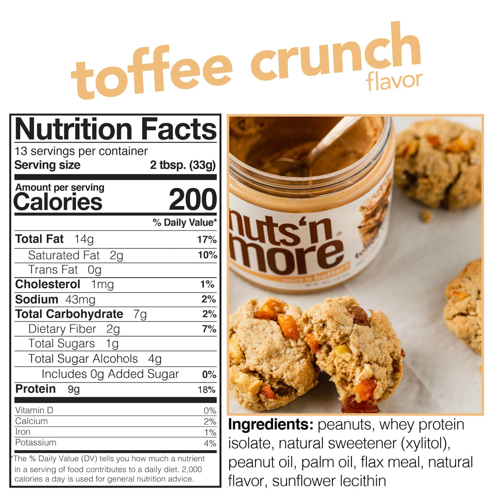 Nuts N More Toffee Crunch on fruit for a tasty, low-sugar spread