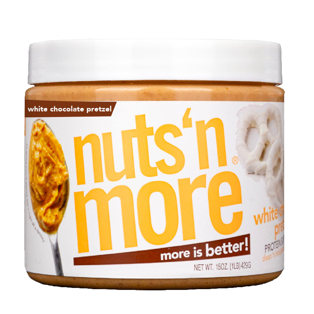 Nuts 'N More White Chocolate Pretzel Peanut Butter Spread jar offers a high-protein snack option.