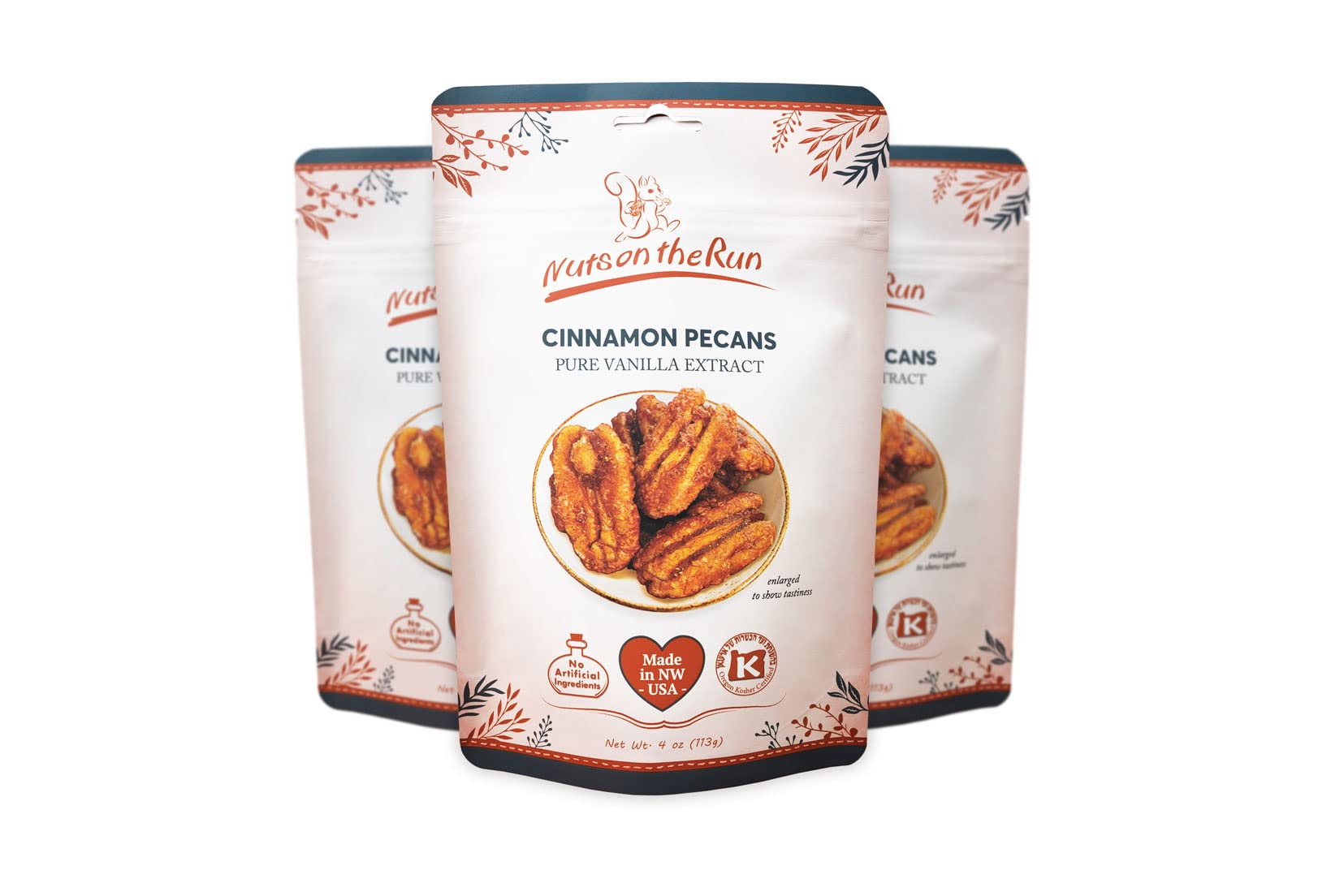 Nuts on the Run Cinnamon Pecans packaging, convenient 4oz pack for on-the-go snacking.