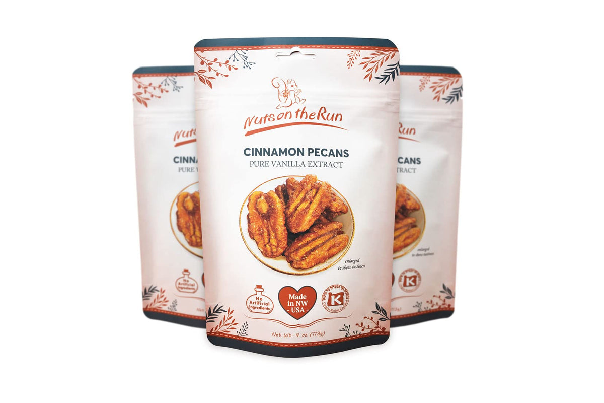Nuts on the Run Cinnamon Pecans packaging, convenient 4oz pack for on-the-go snacking.