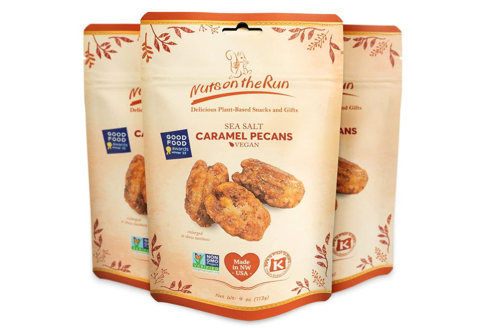 Nuts on the Run Sea Salt Caramel Pralines packshot showing rich glaze and energy-ready snacking