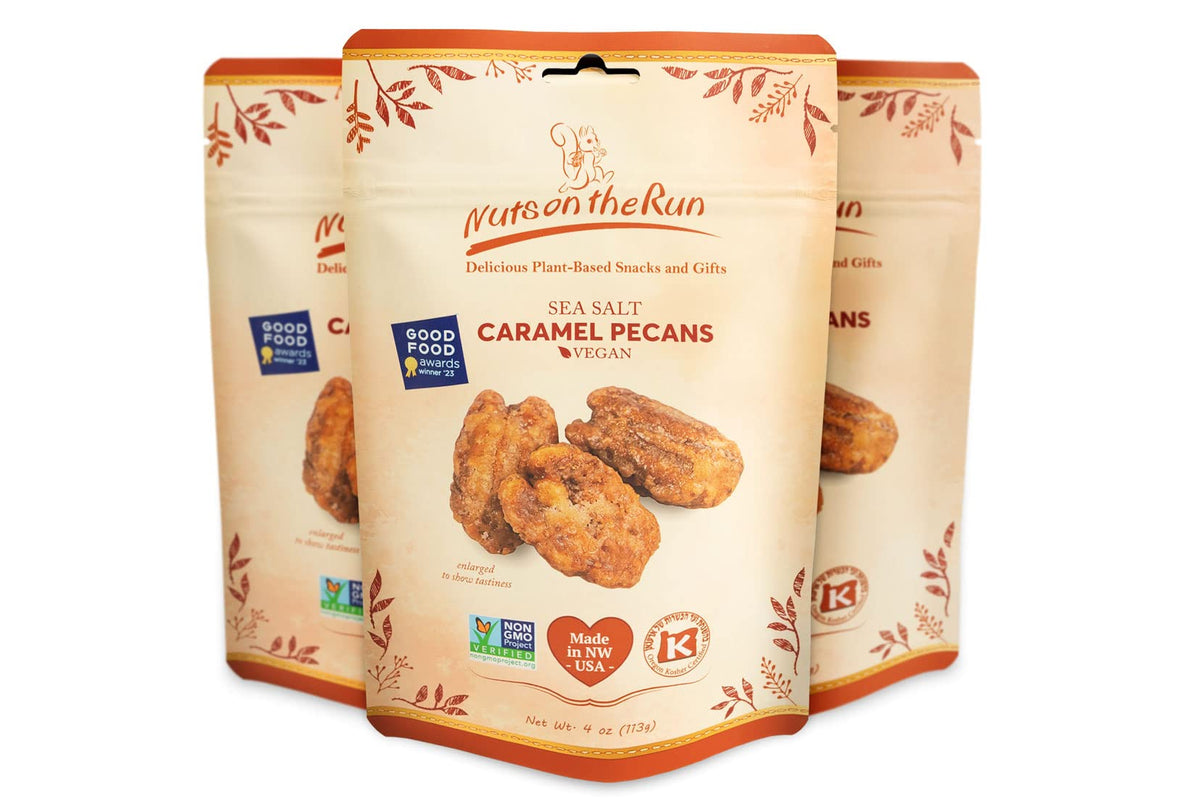 Nuts on the Run Sea Salt Caramel Pralines packshot showing rich glaze and energy-ready snacking