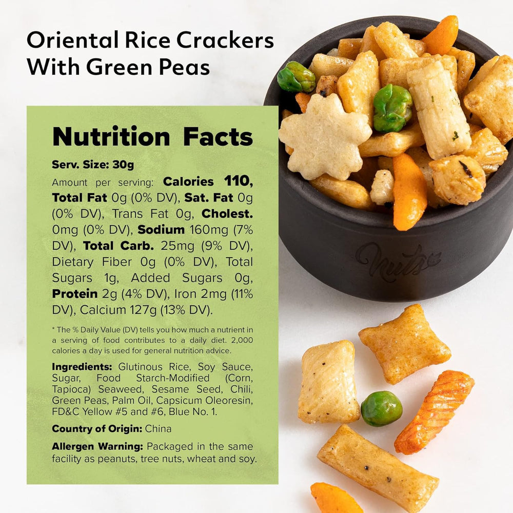 NUTS U.S. rice crackers with green peas offer a crunchy, savory snack on the go.