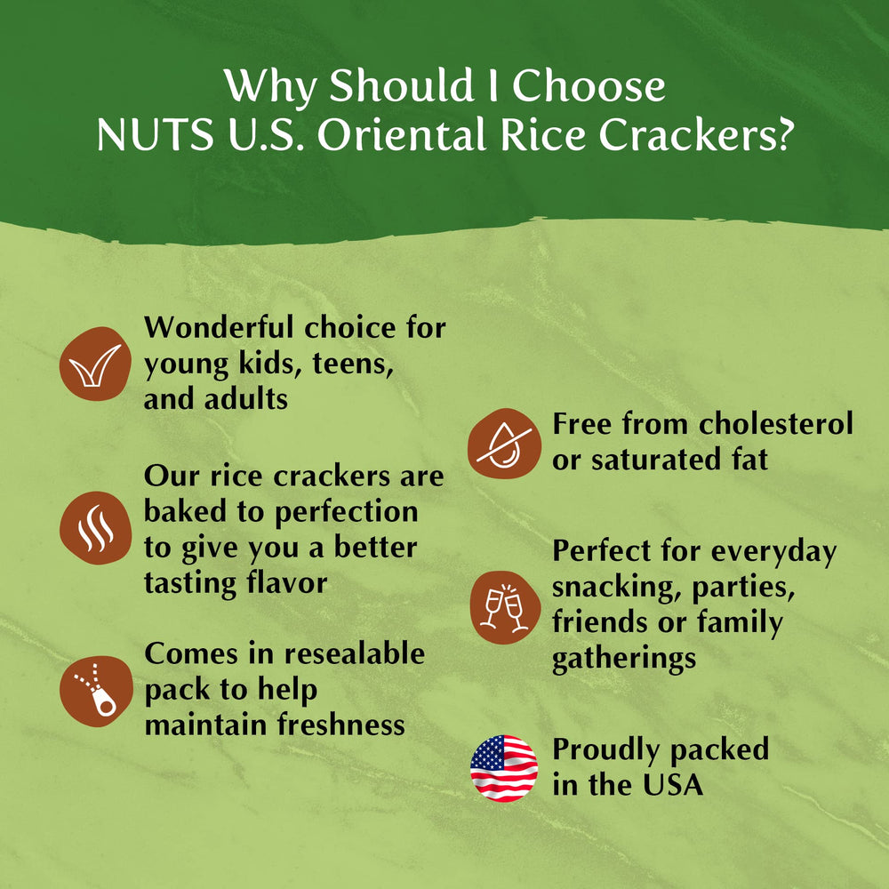 Packaged in USA, NUTS U.S. Oriental Rice Crackers secure freshness.