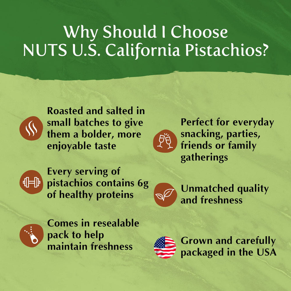 NUTS U.S. 2 lb jumbo pack pistachios ideal for sharing.