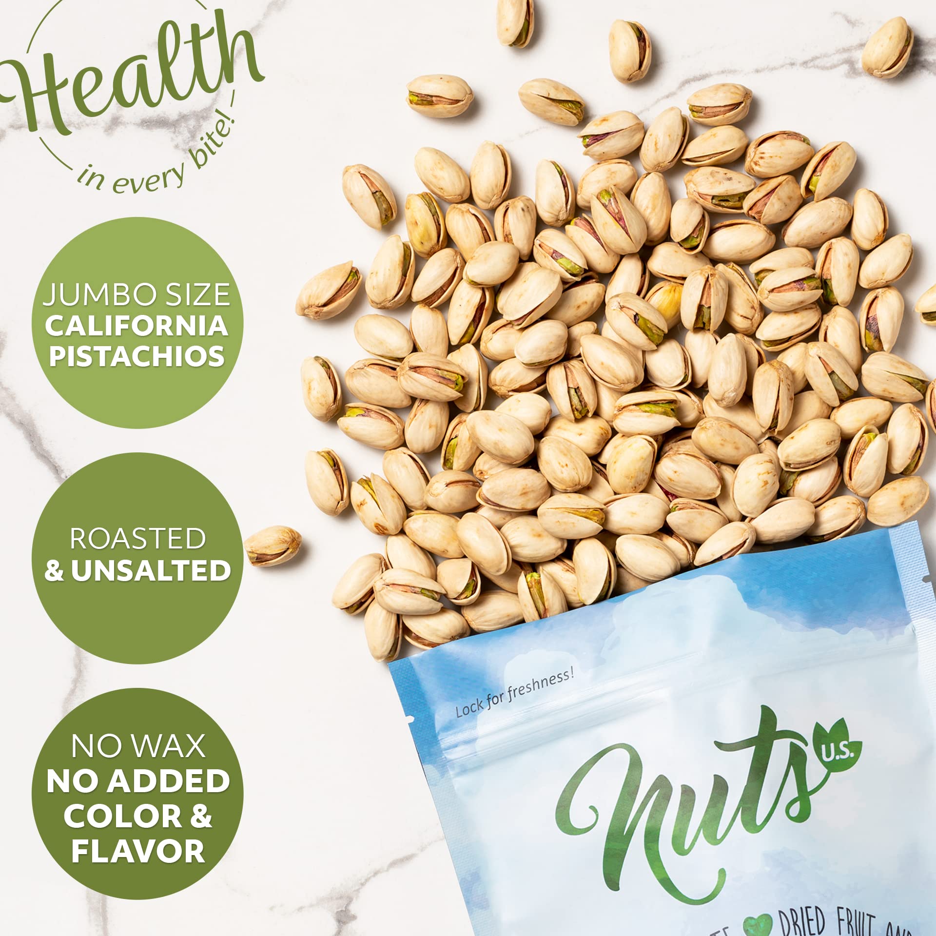 NUTS U.S. California Pistachios fresh-pack packaging highlights premium quality.