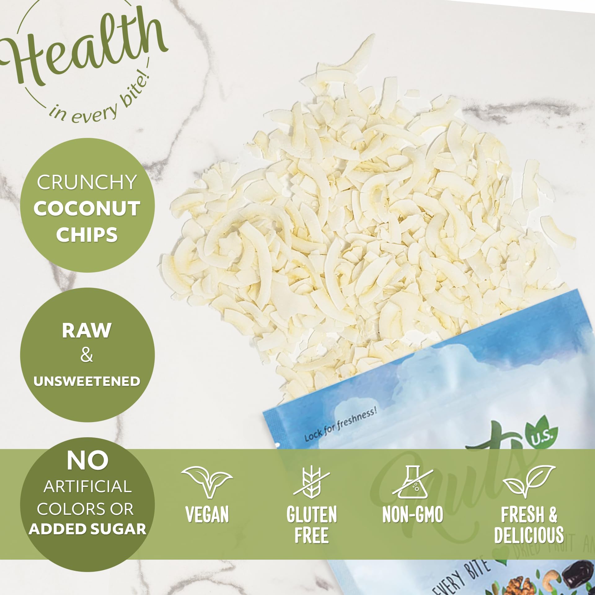 NUTS U.S. coconut chips in pantry-friendly packaging.