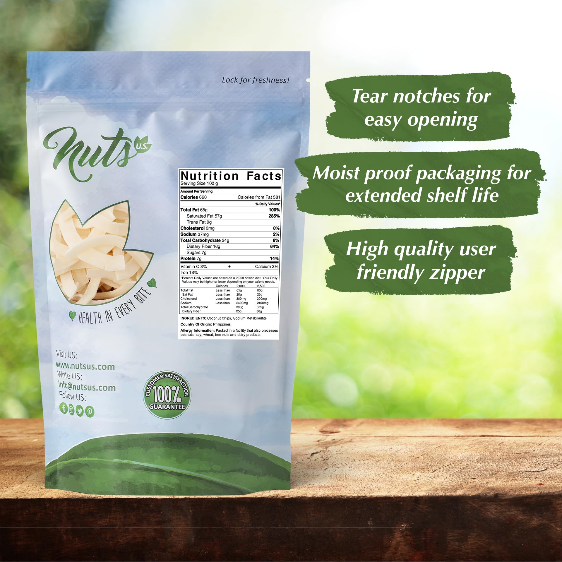 NUTS U.S. coconut chips close-up of raw flakes for healthy snacking.
