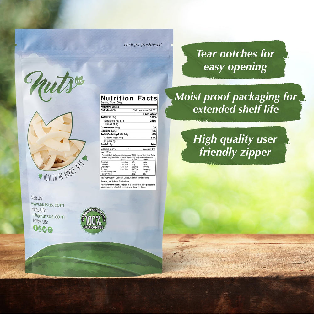 NUTS U.S. coconut chips close-up of raw flakes for healthy snacking.