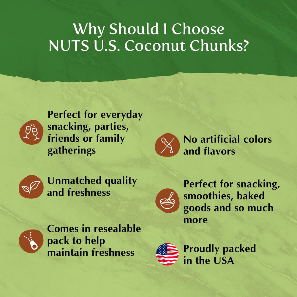 NUTS U.S. coconut chunks proudly packaged in the USA
