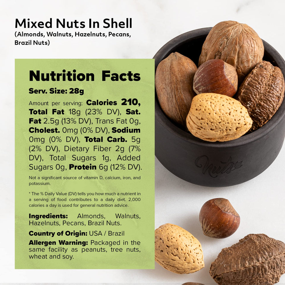 NUTS U.S. mixed in-shell bag open with shells, ready to crack for a crunchy snack.