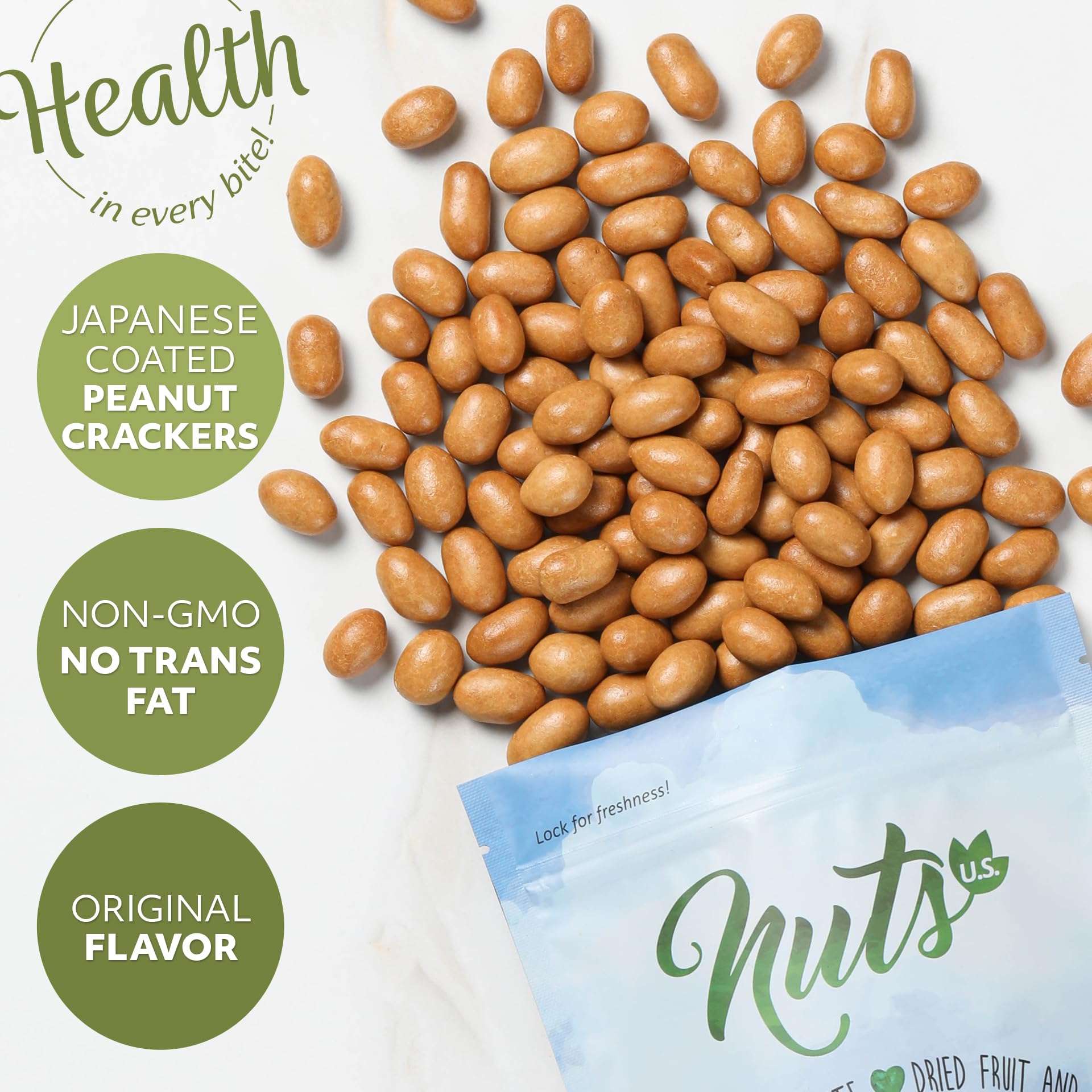 NUTS U.S. Non-GMO and no trans fat labeling highlights a mindful snack option.