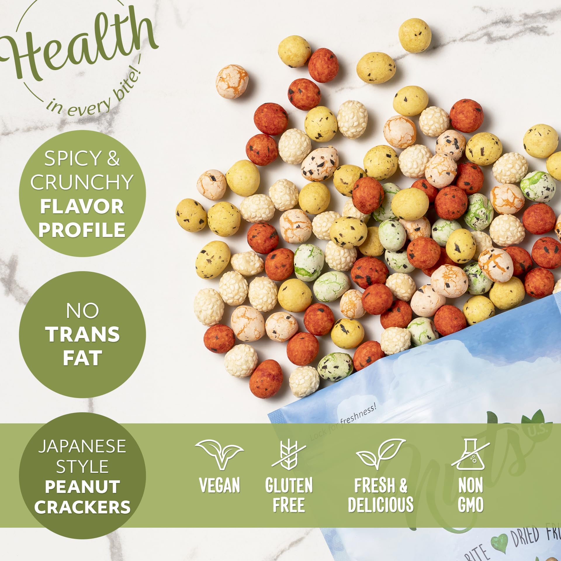 NUTS U.S. Non-GMO, trans-fat-free snack option for mindful indulgence.