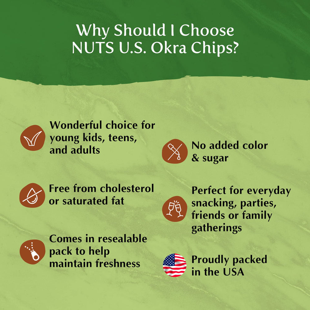 NUTS U.S. Okra Chips bulk pouch – convenient servings for parties or travel.