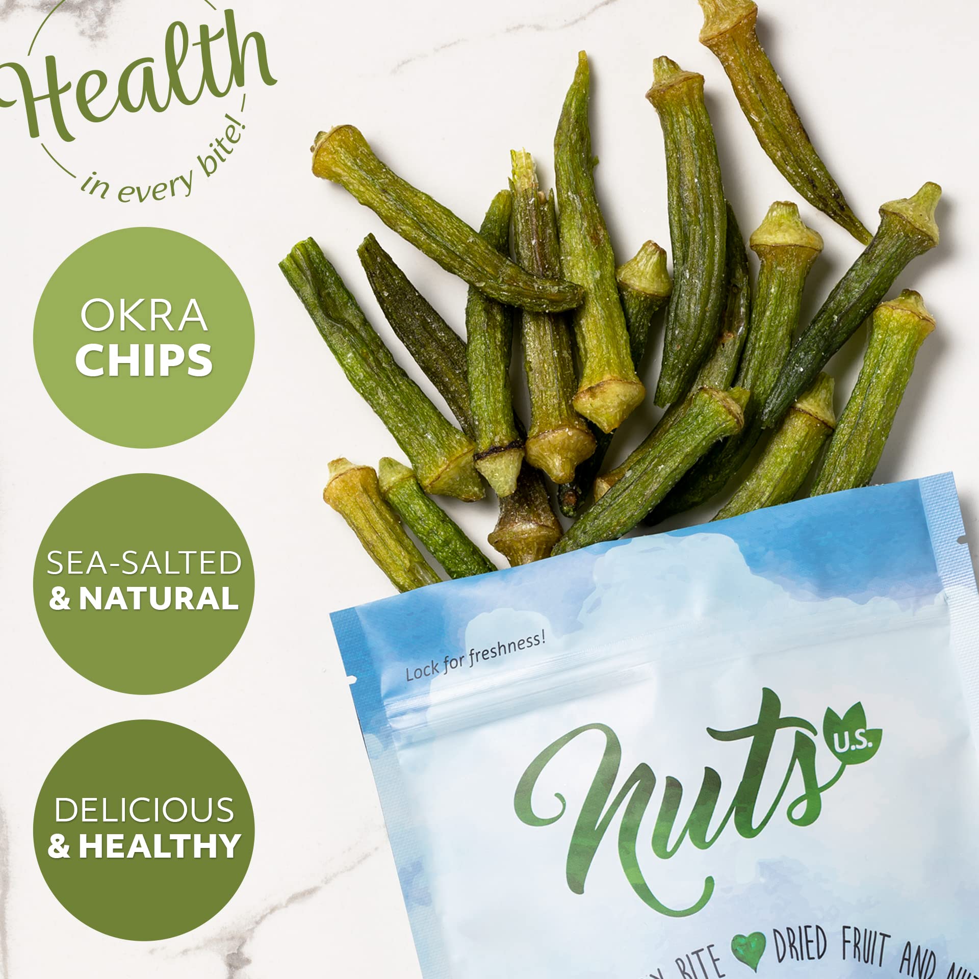 NUTS U.S. Okra Chips no color added – natural crunch for savory snacking.