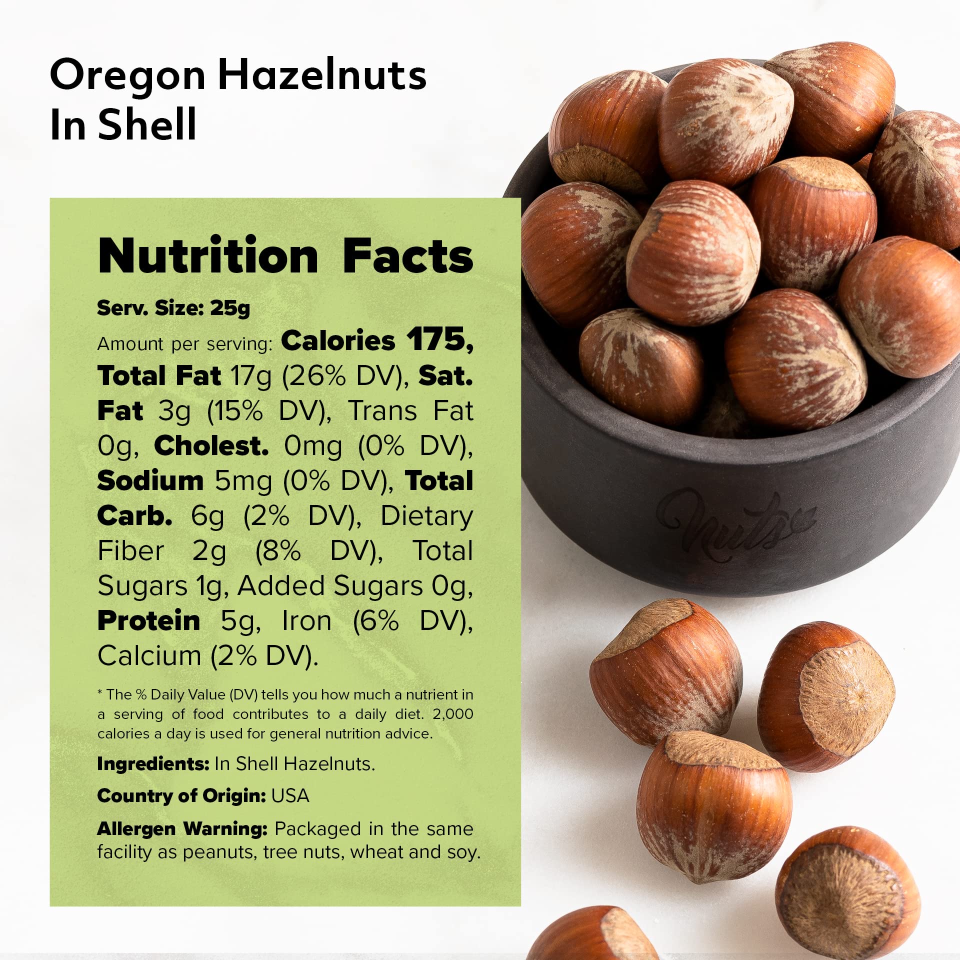 NUTS U.S. Oregon hazelnuts in-shell closeup showing buttery kernels and texture.