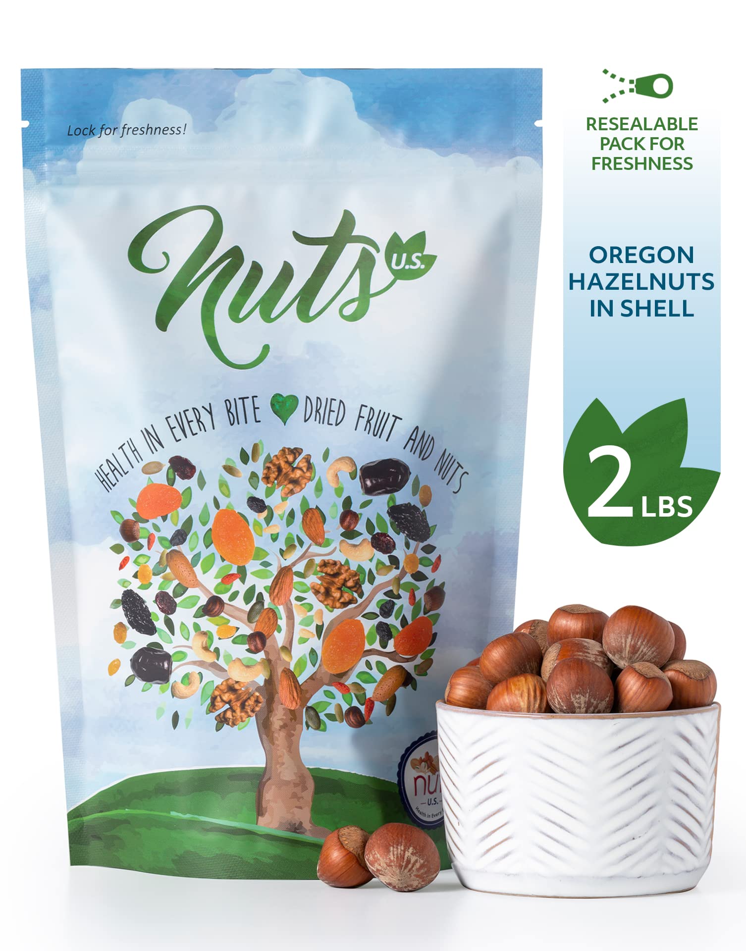 NUTS U.S. Oregon hazelnuts raw unsalted bag display highlights freshness.