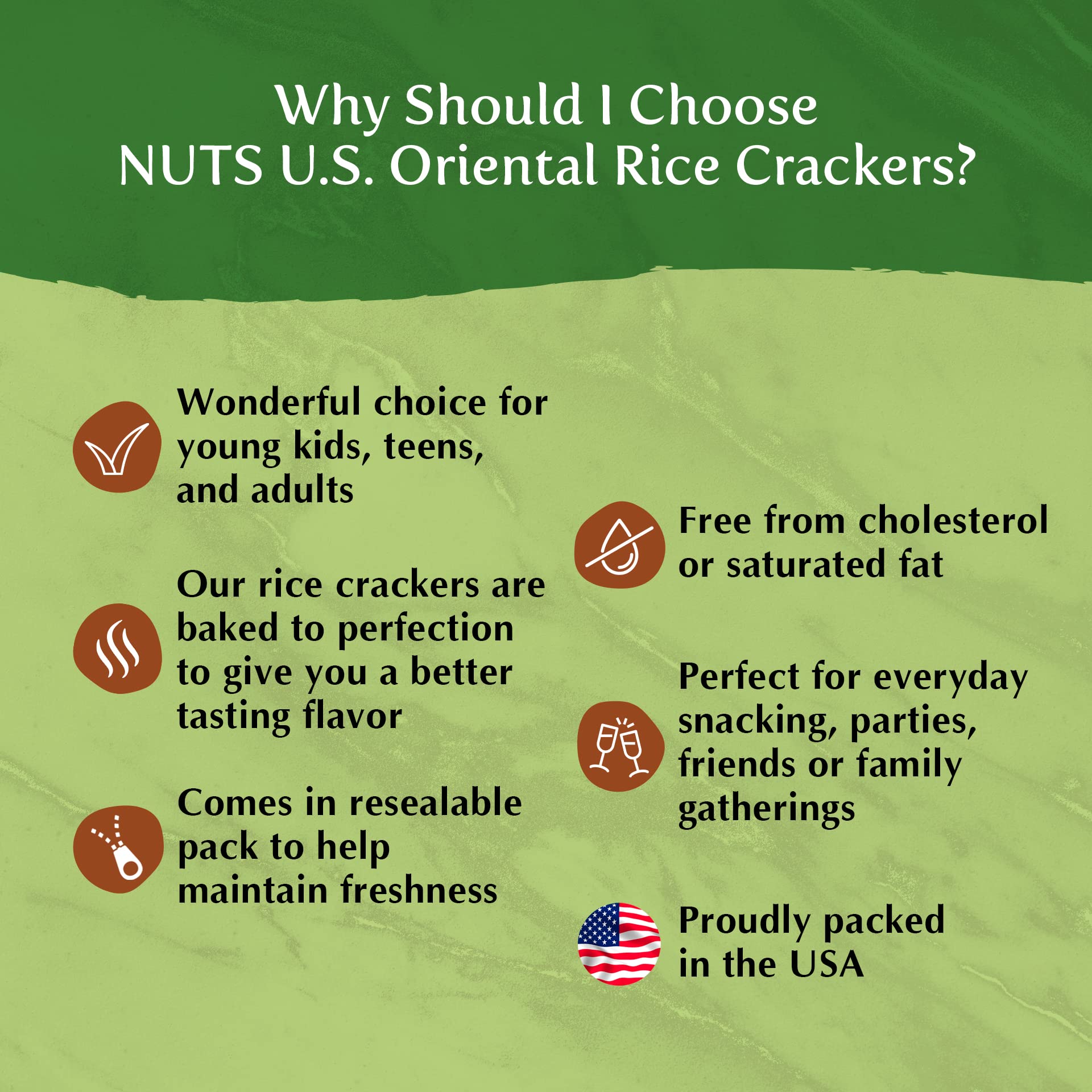 NUTS U.S. Oriental Rice Crackers crunchy 2 lb bag for sharing.