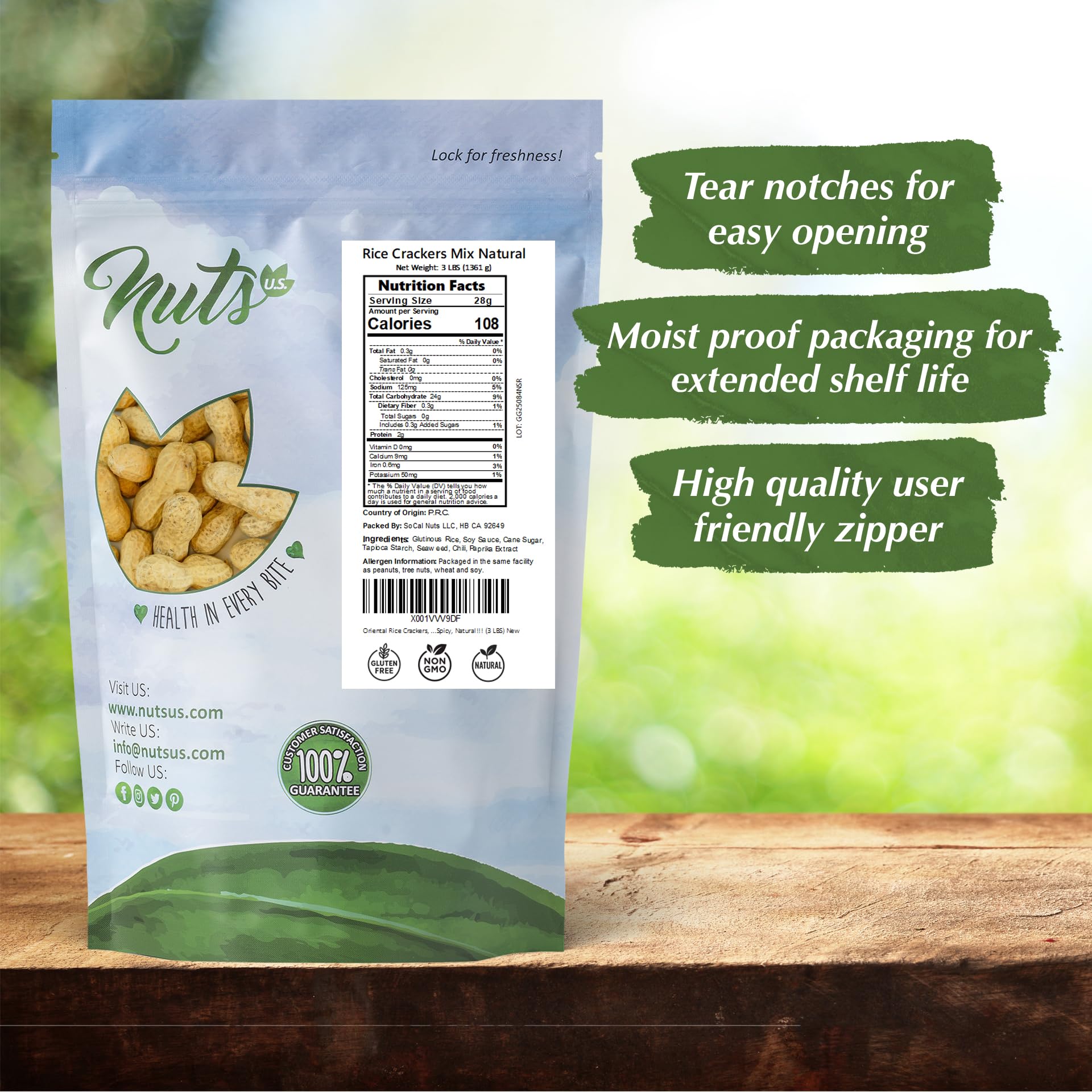 NUTS U.S. Oriental Rice Crackers fresh USA-made snack option in pantry.