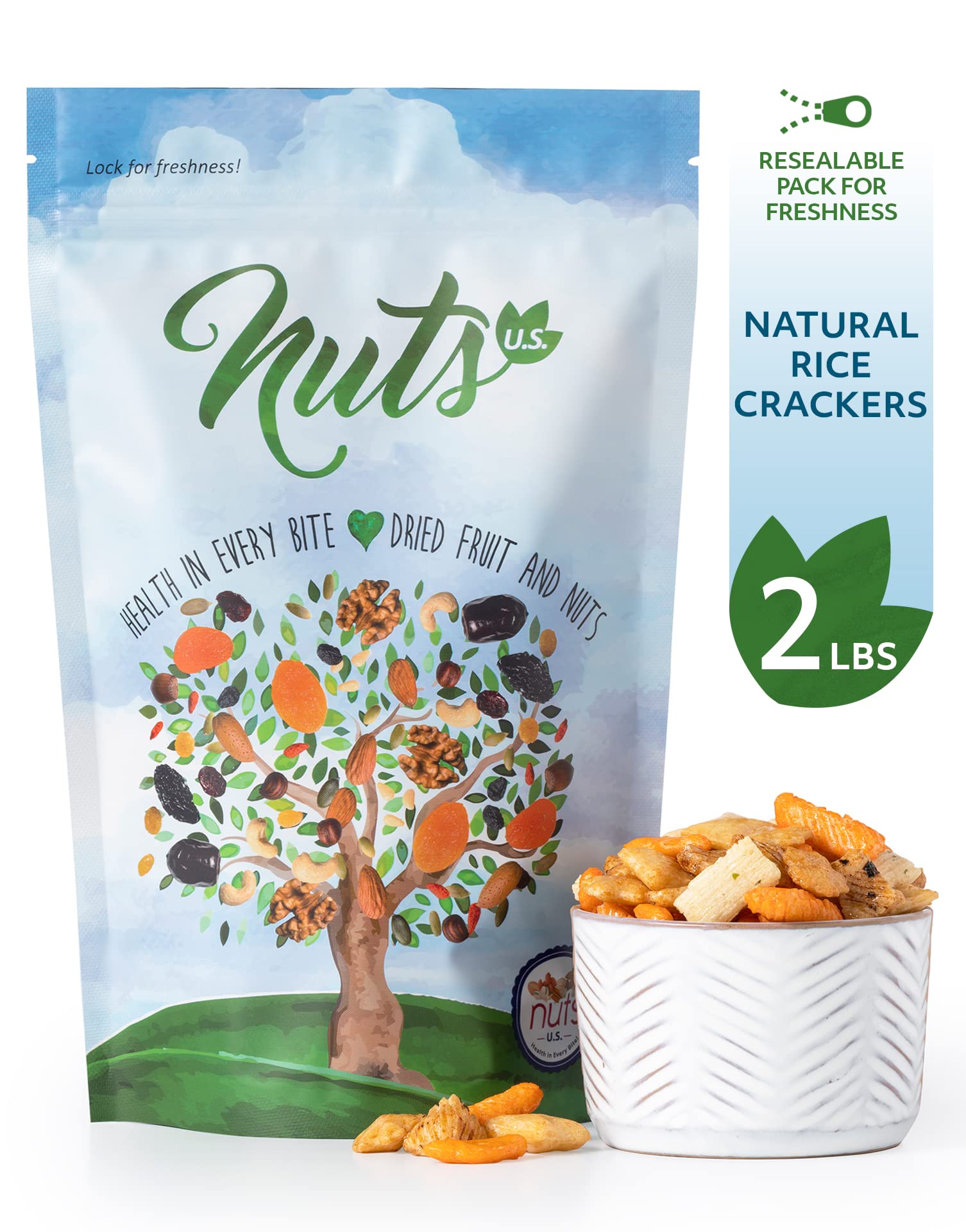 NUTS U.S. Oriental Rice Crackers resealable bag open for on-the-go crunch.