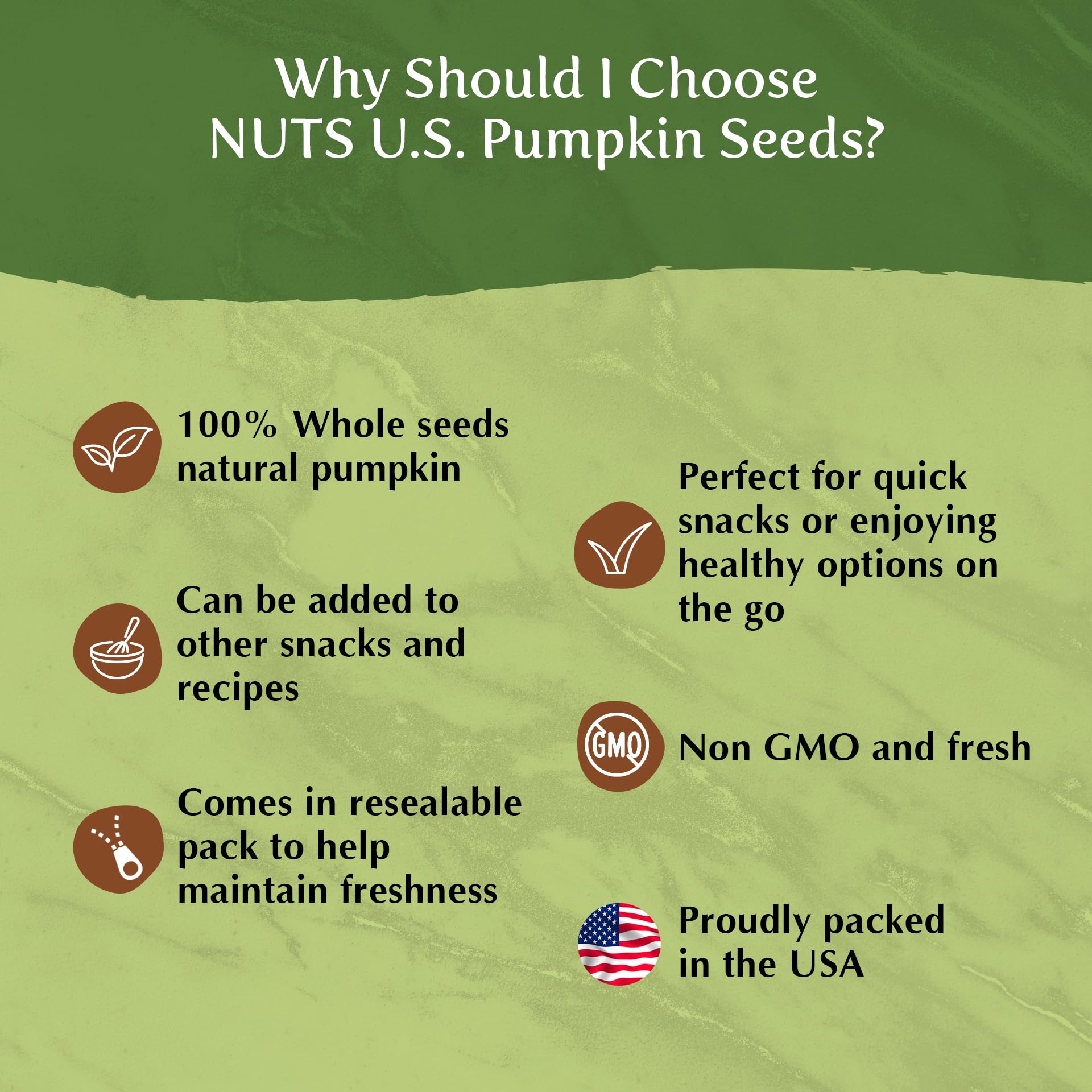 NUTS U.S. pumpkin seeds nutritional boost for snacking and meals.