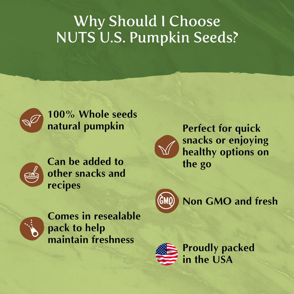 NUTS U.S. pumpkin seeds USA-sourced packaging, fresh and transparent labeling.