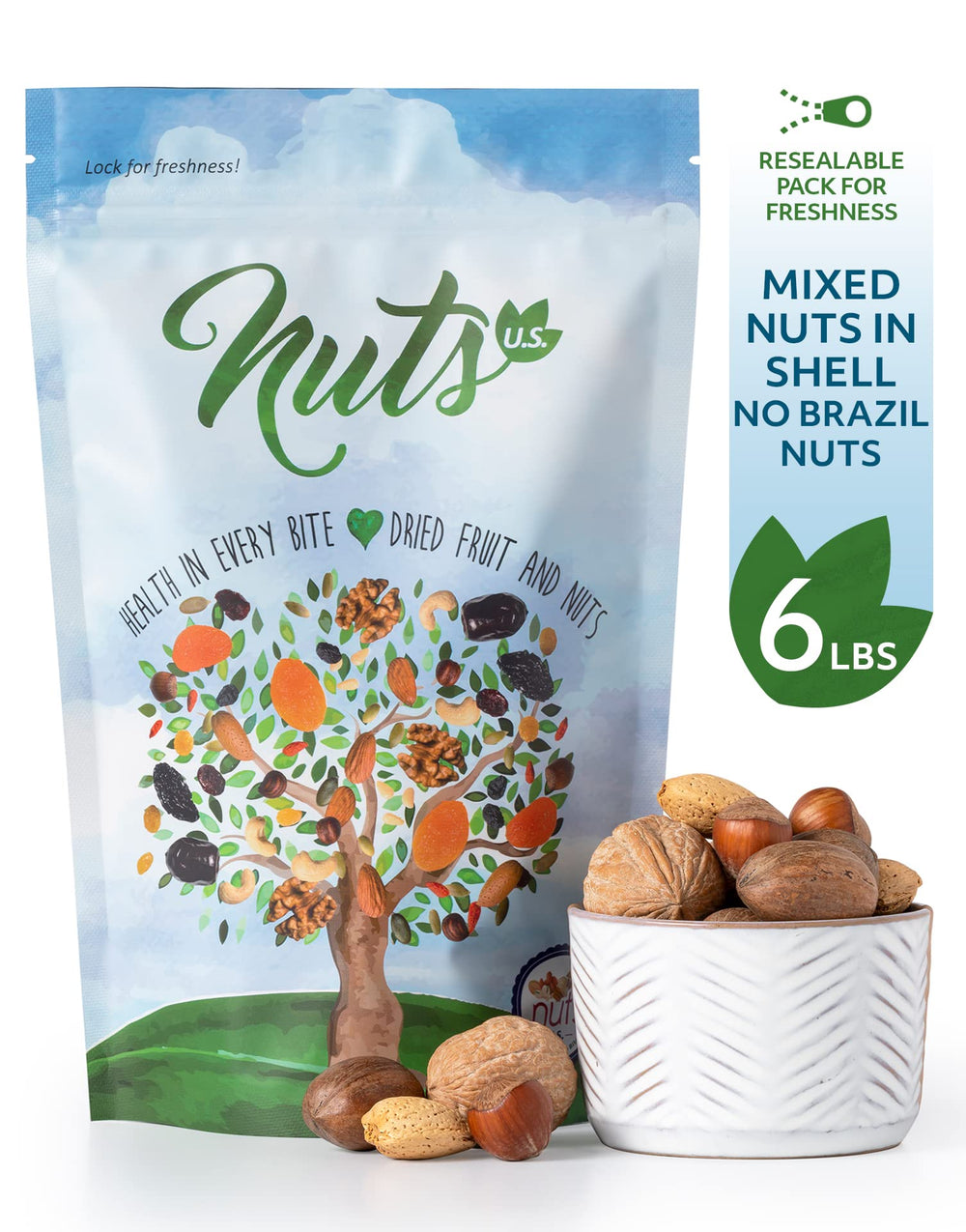 NUTS U.S. resealable bags showcase fresh, ready-to-snack mixed nuts.