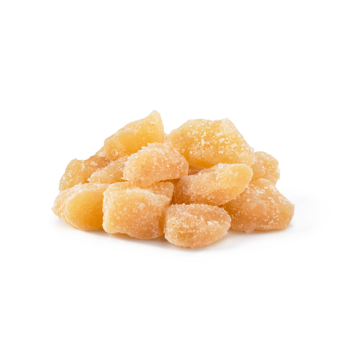 NUTS U.S. unsulphured crystallized ginger chunks in resealable bag for freshness.