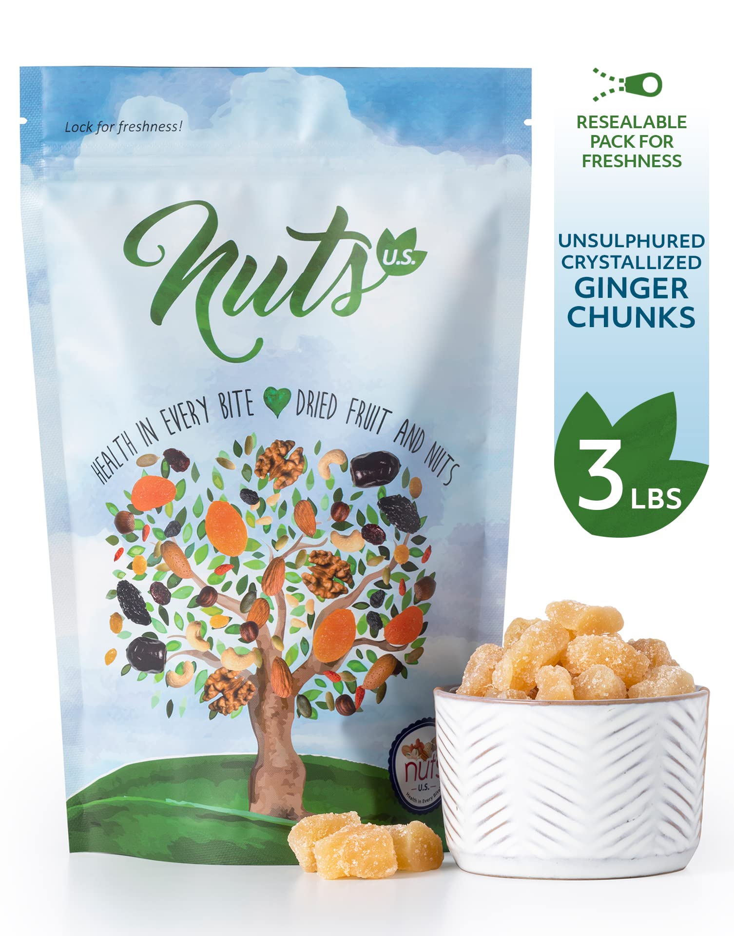 Close-up of crystallized ginger chunks in resealable bag.