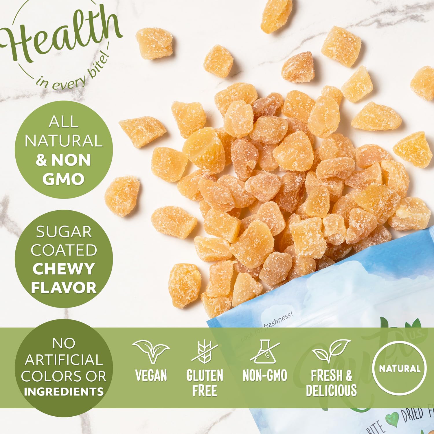Sugar-coated crystallized ginger close-up showing glossy coating.