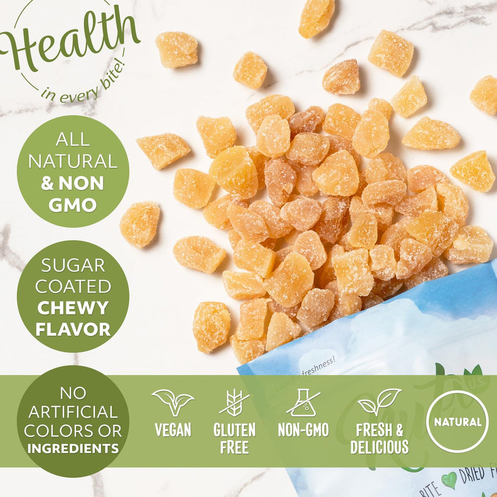 Sugar-coated crystallized ginger close-up showing glossy coating.