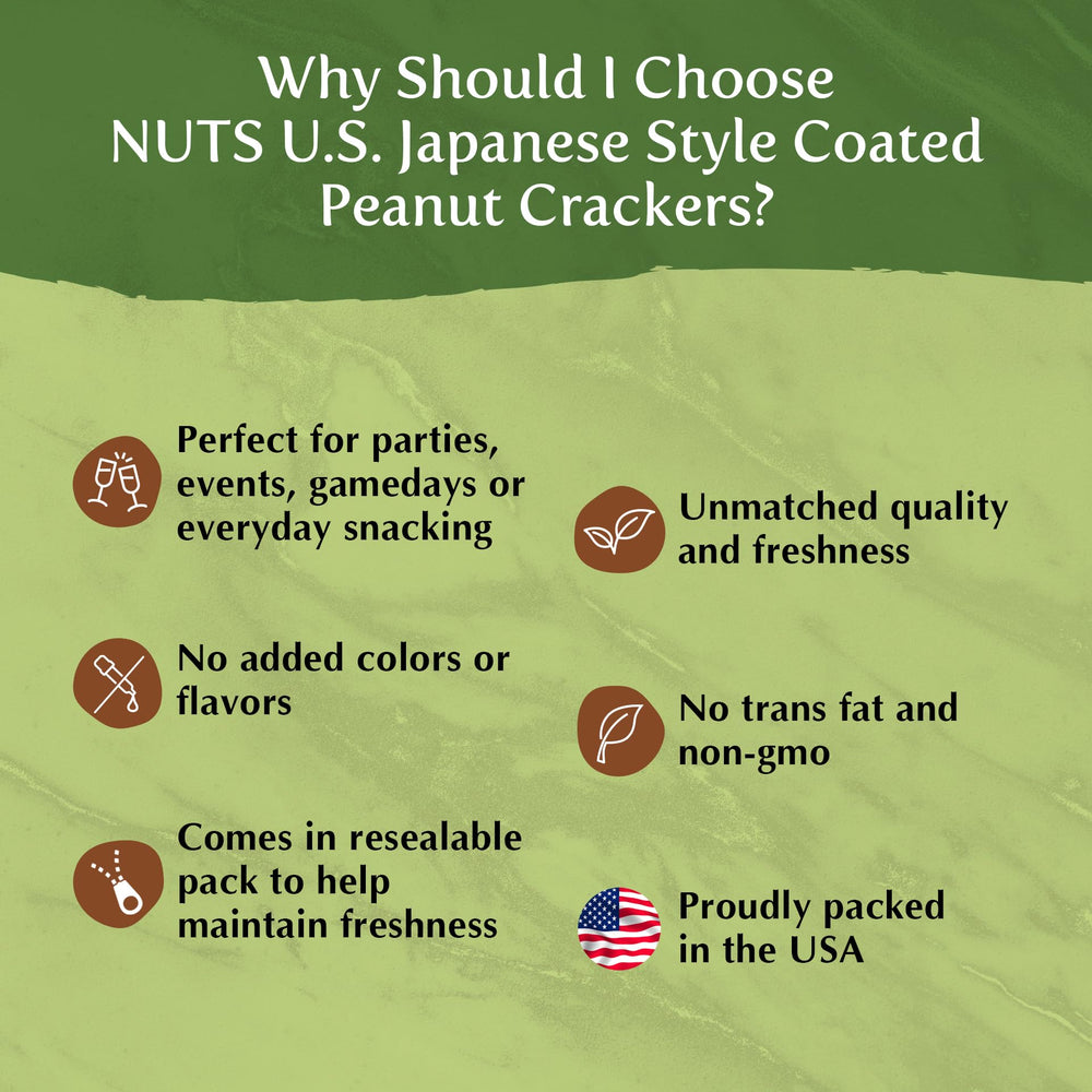 Premium coated peanuts in USA-pack pouch ideal for travel.