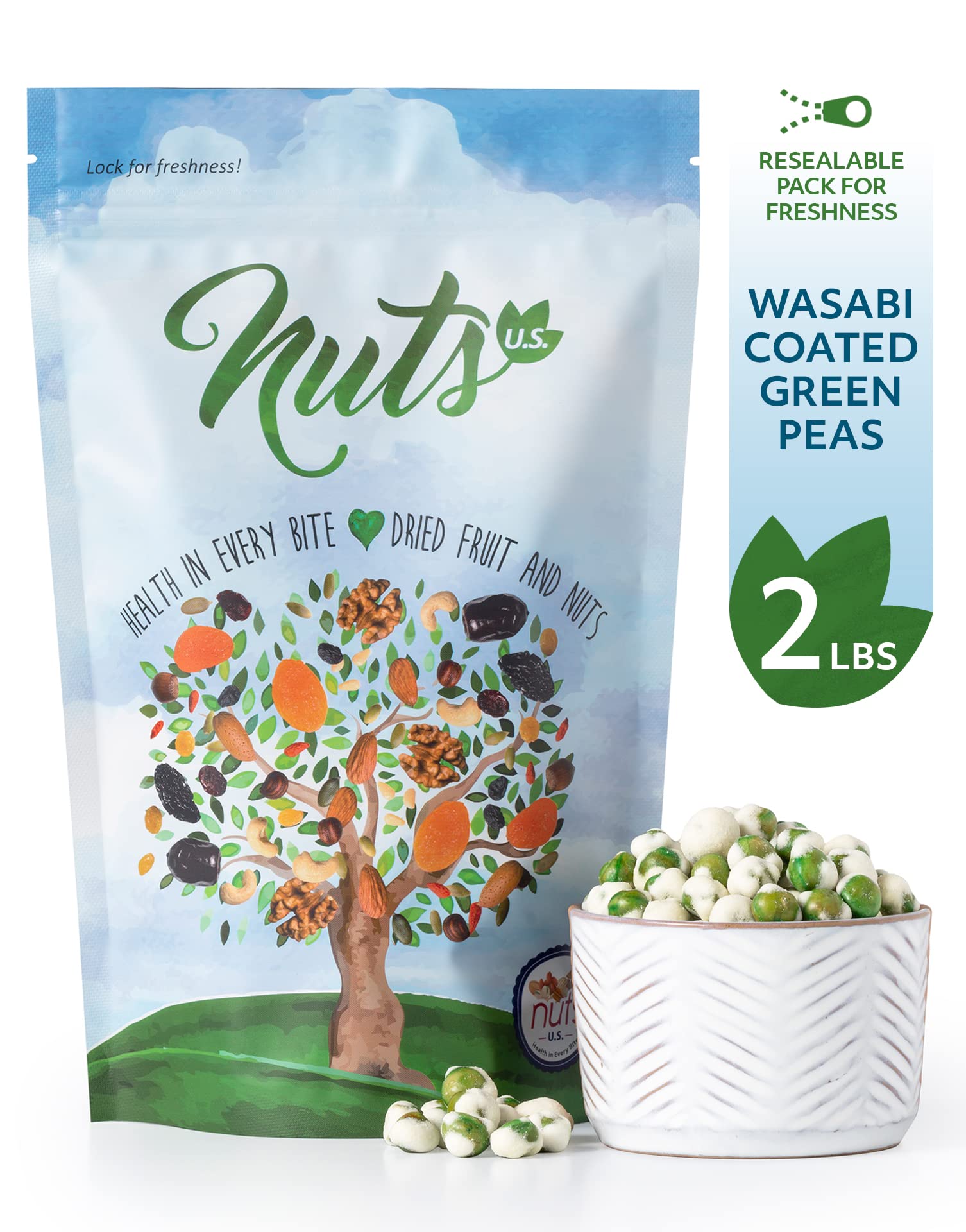 NUTS U.S. Wasabi Coated Green Peas bag closeup shows resealable packaging preserving freshness