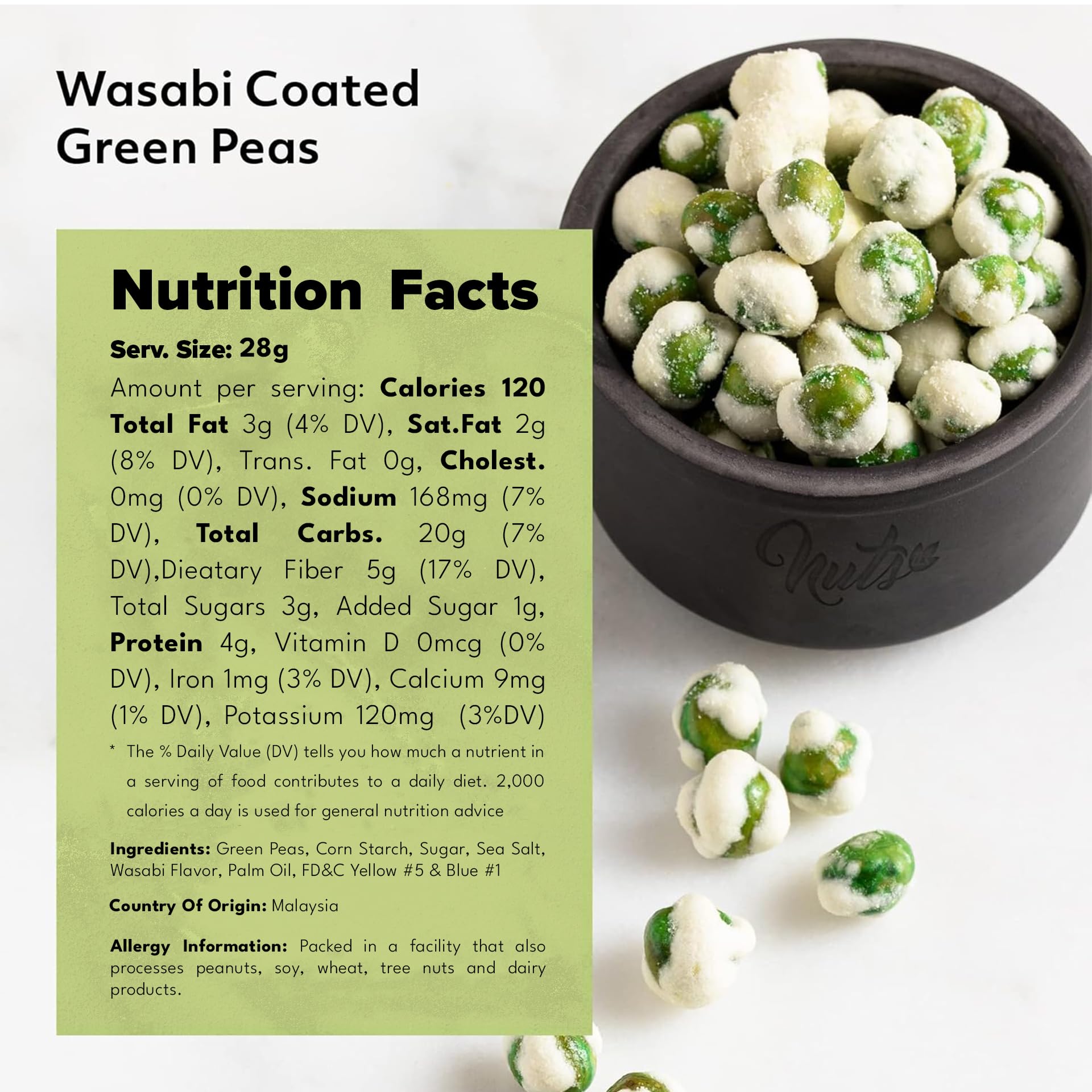 NUTS U.S. Wasabi Coated Green Peas crispy-peas close-up emphasizes premium quality and seasoning