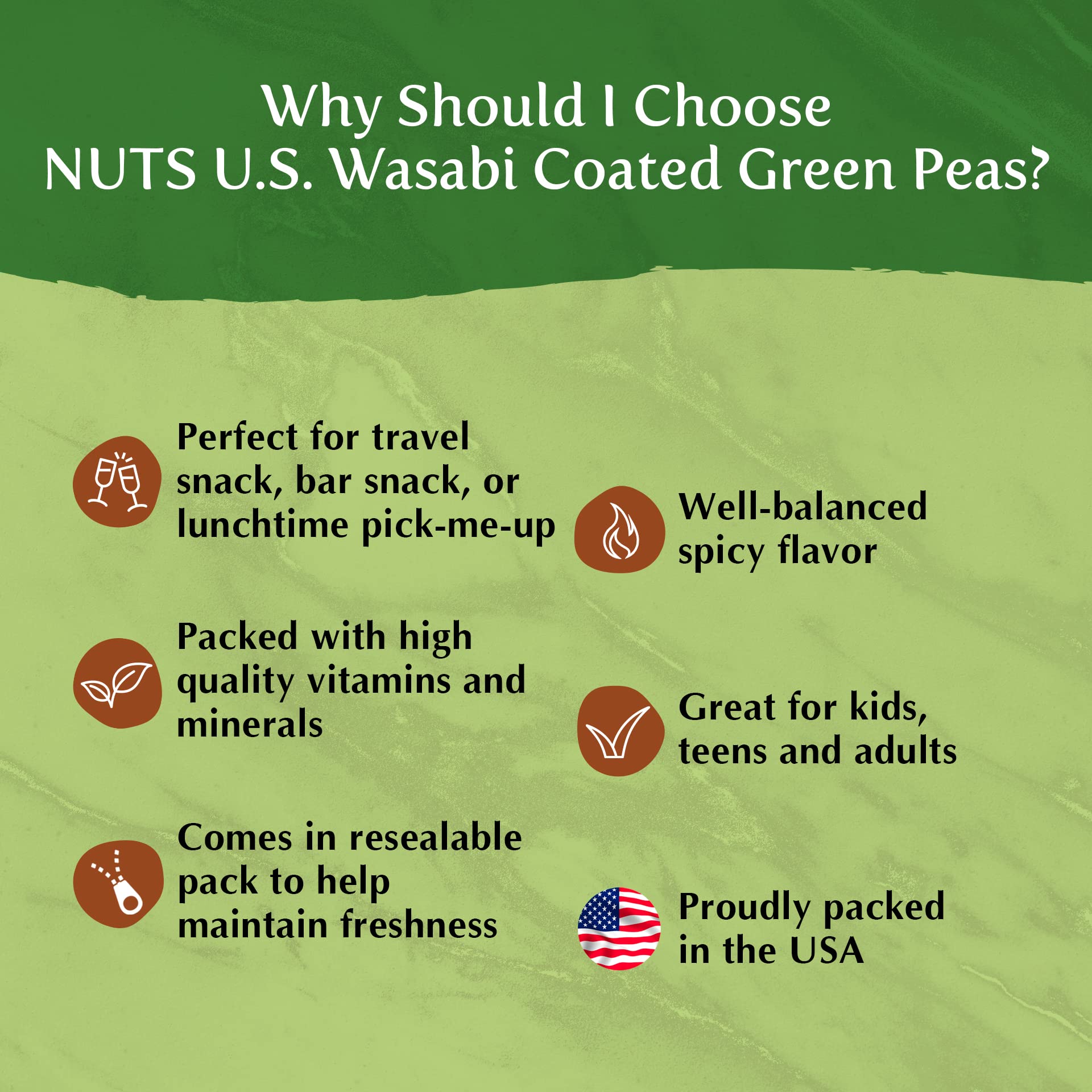 NUTS U.S. Wasabi-coated green peas snack setup for sharing