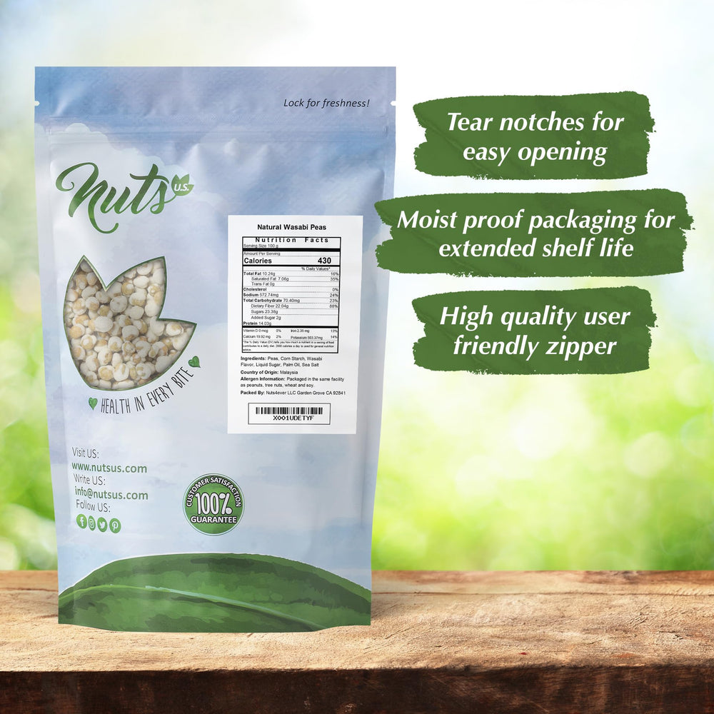 Nuts U.S. Wasabi green peas in resealable pouch, preserving natural flavor.