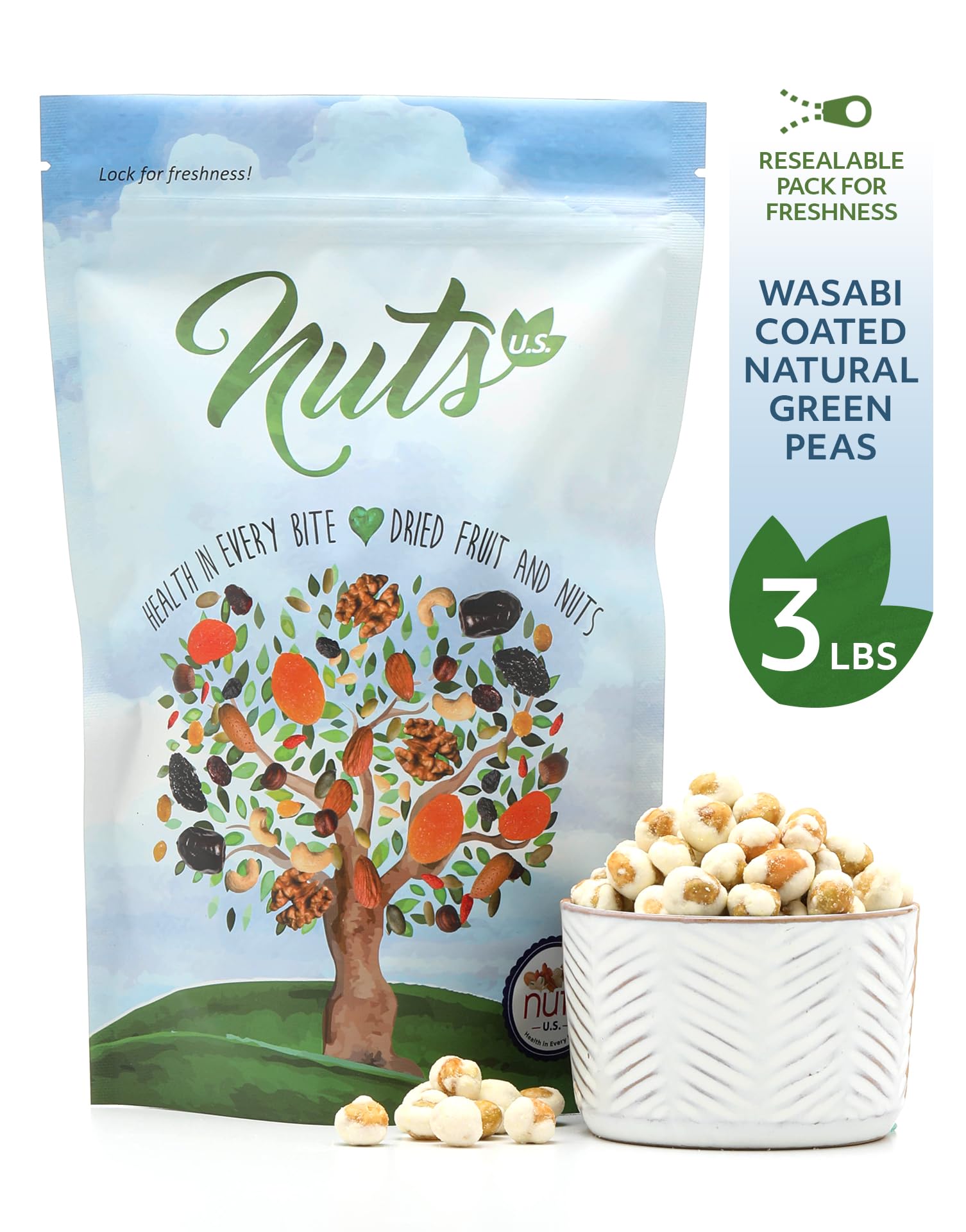 Nuts U.S. Wasabi green peas served in a bowl, ideal for salads.