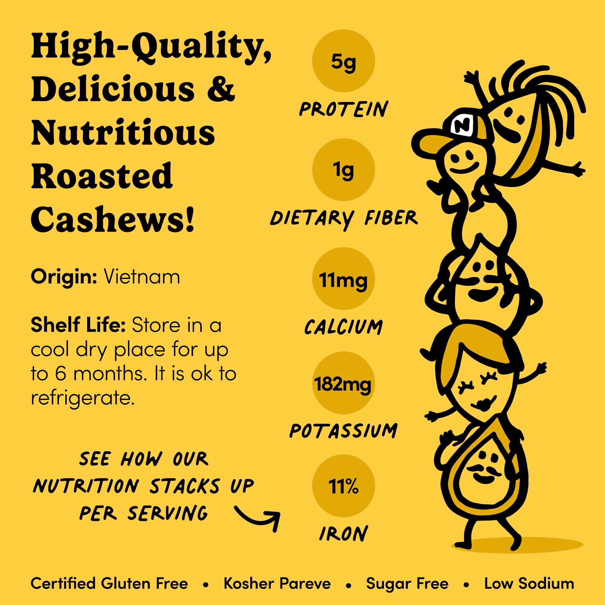Low-sodium cashews with 55 mg per serving for balanced snacking.