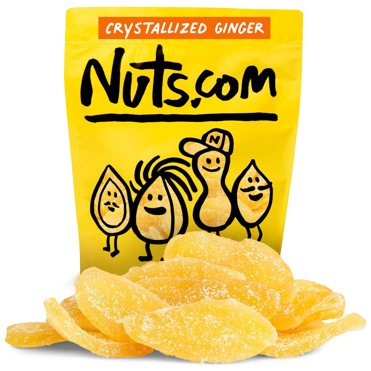 Nuts.com crystallized ginger pieces closeup texture showing chewy, sweet-spicy bite for snacking