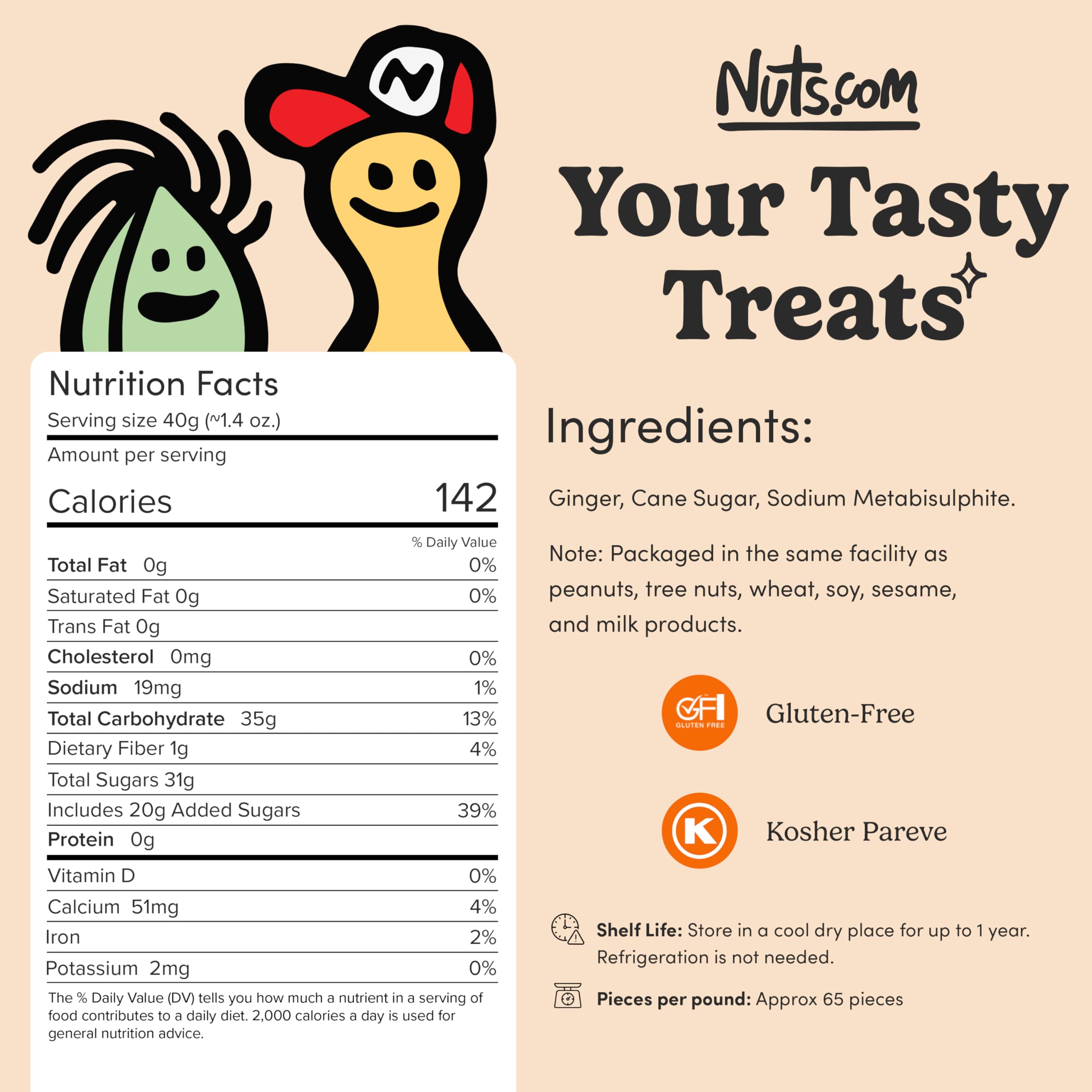 Nuts.com crystallized ginger pieces in bag highlighting resealable packaging for freshness
