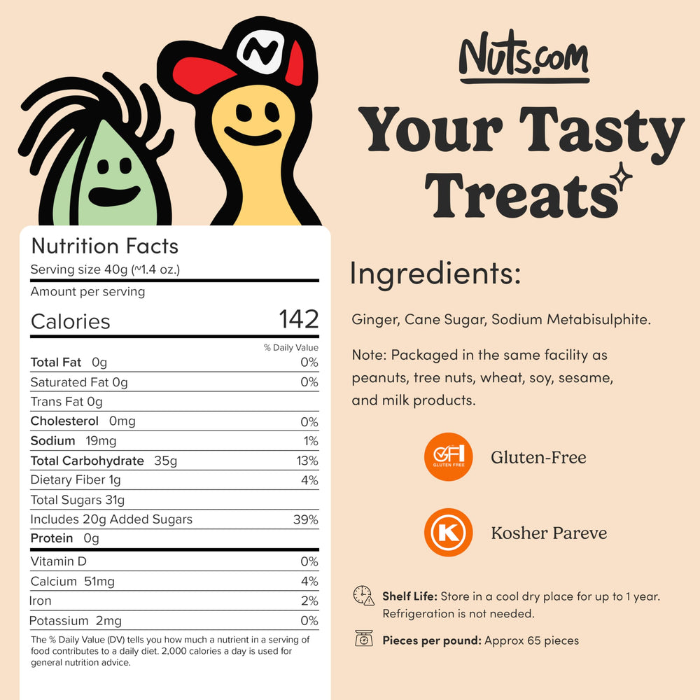Nuts.com crystallized ginger pieces in bag highlighting resealable packaging for freshness