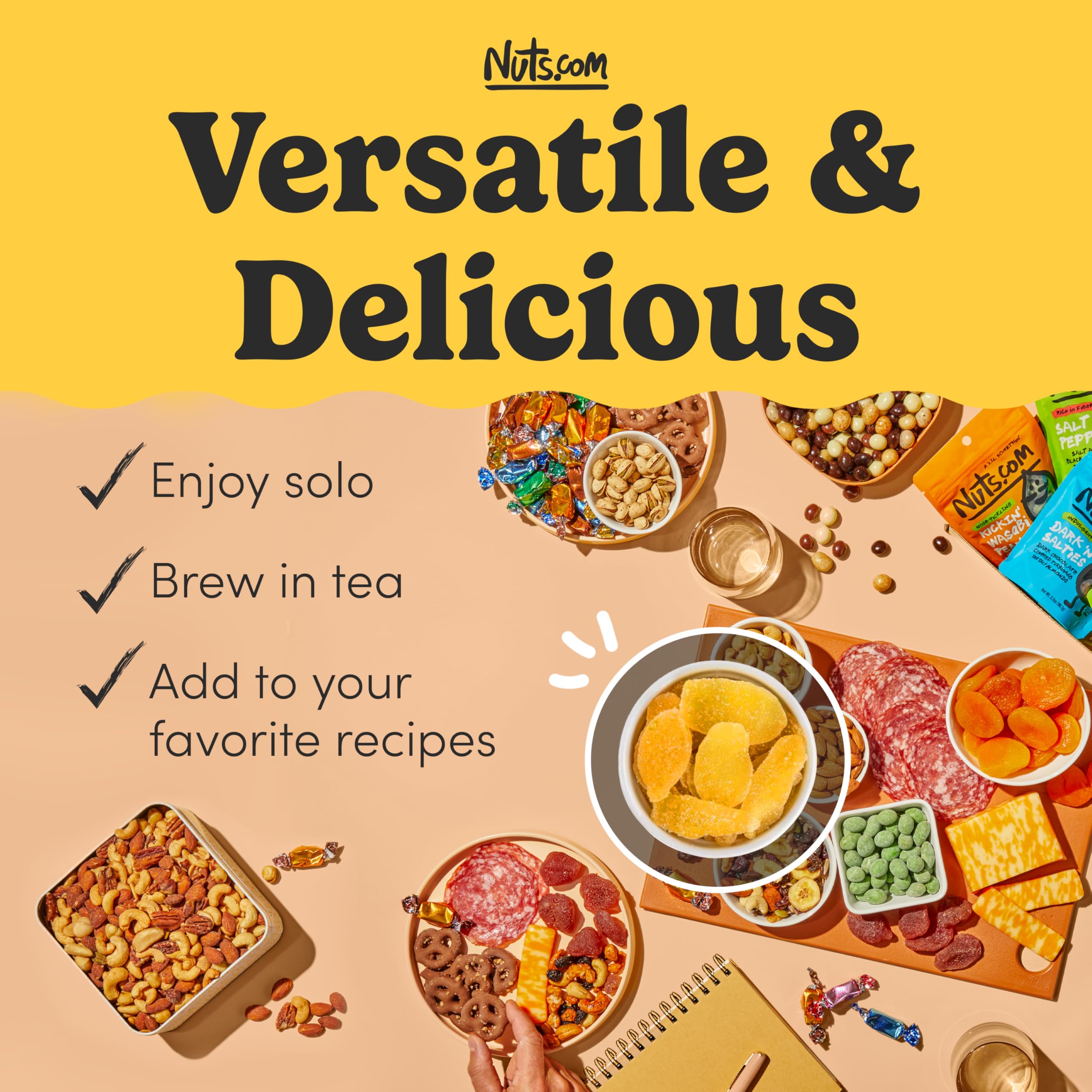 Nuts.com crystallized ginger pieces in tea cup suggesting a warm, comforting infusion